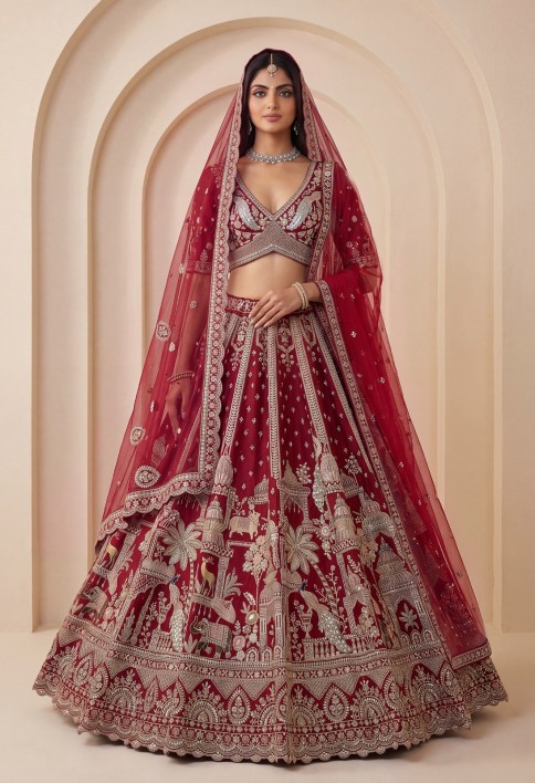 Maroon Bridal Cutdana-Work Embroidered Ethinc Motif Semi-Stitched Lehenga Choli